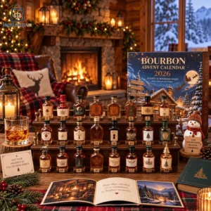 2026 Bourbon Advent Calendar 2026 Bourbon Advent Calendar with 24 mini whiskey bottles displayed in a cozy holiday living room.