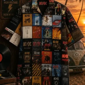 ACDC Albums High Voltage Classic Rock Music Hawaiian Shirt AC/DC band short-sleeve button-up shirt with vintage album cover collage print