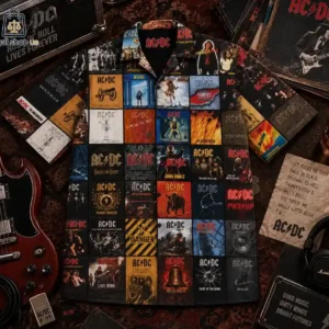 ACDC Albums High Voltage Classic Rock Music Hawaiian Shirt Short-sleeve shirt featuring a collage of iconic AC/DC album covers and artwork.