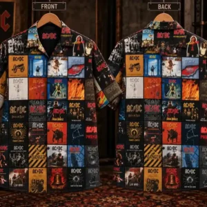 ACDC Albums High Voltage Classic Rock Music Hawaiian Shirt Front and back view of a button-down shirt covered in AC/DC album cover artwork.