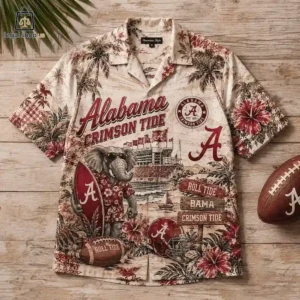 Alabama Crimson Tide themed summer shirt featuring an elephant mascot and palm trees.
