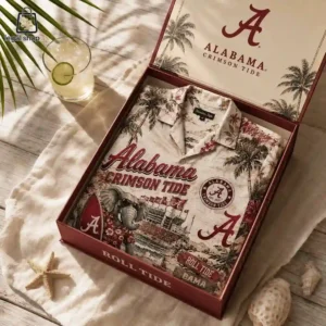 University of Alabama Crimson Tide tropical shirt inside a branded display box