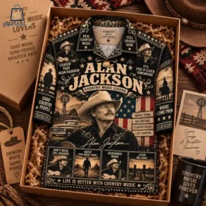 Alan Jackson themed button-up shirt featuring country music song titles and imagery in a gift box.