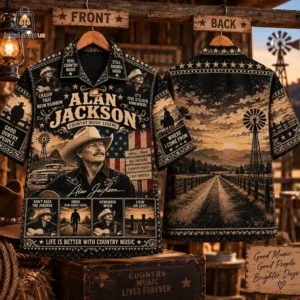 Alan Jackson country music themed button-up shirt display