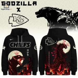Godzilla themed Kansas City Chiefs black hoodie featuring kaiju artwork.