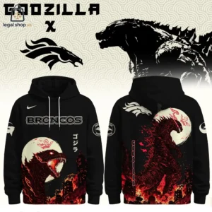 Front and back view of a black hooded sweatshirt featuring a crossover design between Godzilla and the Denver Broncos.