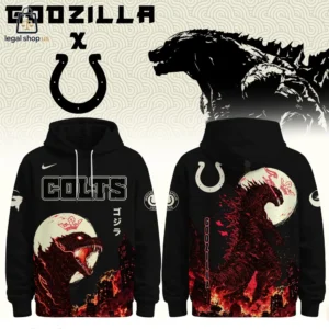 Black hoodie featuring a Godzilla and Indianapolis Colts crossover graphic design.