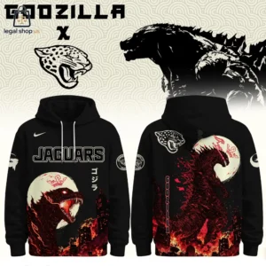 Front and back view of a black Jacksonville Jaguars Godzilla collaboration hoodie featuring custom monster graphics.