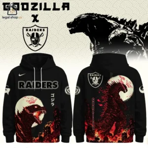 Black hoodie featuring a Godzilla and Las Vegas Raiders crossover graphic design.