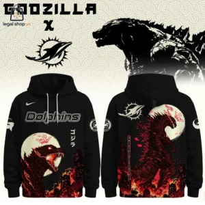Black hoodie featuring a Godzilla and Miami Dolphins mashup design