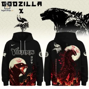 Godzilla x Minnesota Vikings themed black hoodie displaying front and back views.