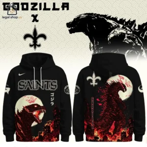 Front and back view of a black Godzilla and New Orleans Saints collaborative hoodie featuring red monster graphics.