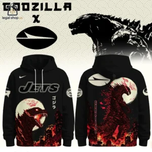 Godzilla and New York Jets collaborative black hoodie showing front and back views.