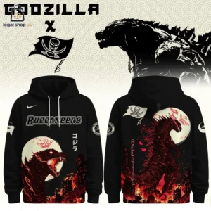 Godzilla x Tampa Bay Buccaneers crossover graphic hoodie featuring monster and football team imagery.