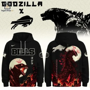 Buffalo Bills and Godzilla crossover hoodie featuring a black pullover design with red monster graphics.