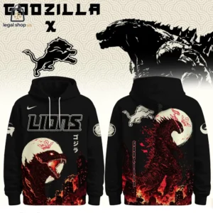 Front and back view of a black Detroit Lions Godzilla themed hooded sweatshirt