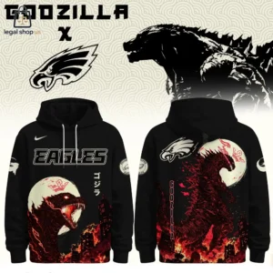 Philadelphia Eagles and Godzilla crossover black hoodie front and back view