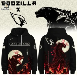 Front and back view of a black Arizona Cardinals hoodie featuring a Godzilla graphic