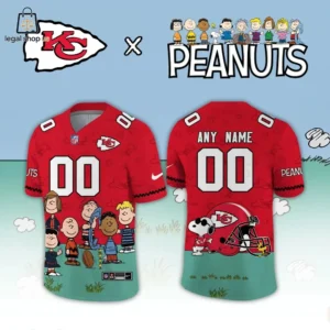 Kansas City Chiefs and Peanuts collaborative football jersey featuring Snoopy and Charlie Brown.