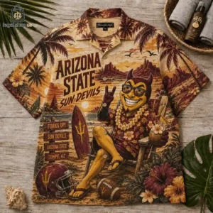 Arizona State Sun Devils themed Hawaiian shirt with tropical sunset beach illustration