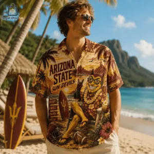 Man wearing an Arizona State Sun Devils tropical vacation shirt on a beach