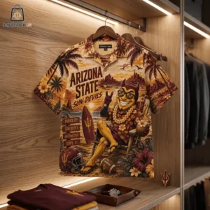Arizona State Sun Devils themed button-down tropical shirt hanging in a closet