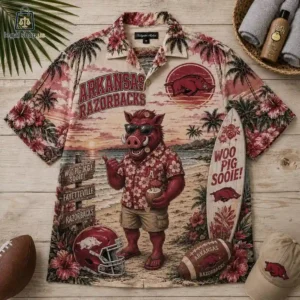 Arkansas Razorbacks tropical button-down shirt featuring mascot graphic.