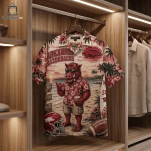 Arkansas Razorbacks themed tropical button-down shirt hanging in a closet