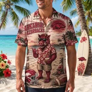 Man wearing Arkansas Razorbacks button-up tropical beach shirt