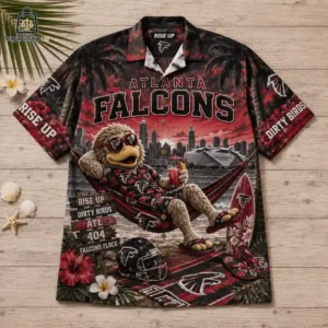 Atlanta Falcons Tropical Island Hawaiian Shirt Atlanta Falcons tropical themed button-down shirt featuring a mascot in a hammock
