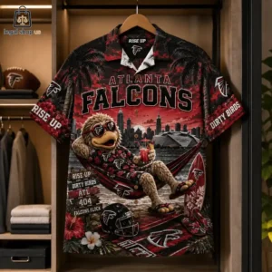 Atlanta Falcons Tropical Island Hawaiian Shirt Atlanta Falcons themed tropical button-up shirt featuring the team mascot in a hammock.