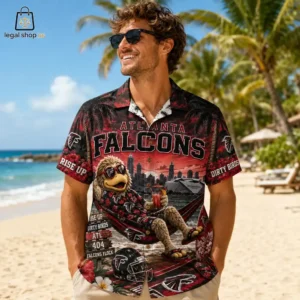 Atlanta Falcons Tropical Island Hawaiian Shirt Man wearing an Atlanta Falcons themed tropical button-up shirt on a beach