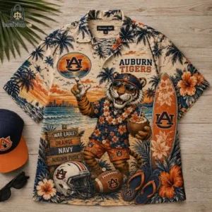 Auburn Tigers themed tropical button-up shirt with tiger mascot