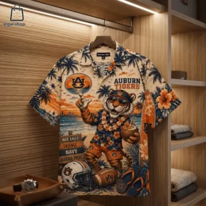 Auburn Tigers Hawaiian shirt featuring a tiger mascot in a tropical beach setting.