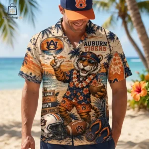 Man wearing an Auburn Tigers tropical themed button-down shirt at the beach