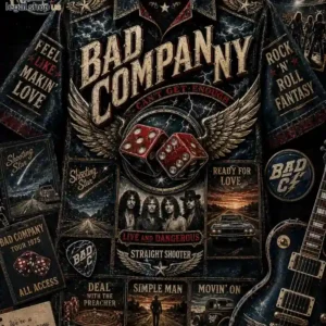 Vintage-inspired Bad Company rock band apparel featuring iconic song titles and imagery.