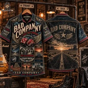 Front and back view of a Bad Company themed button-up shirt with desert and rock music graphics