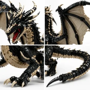 Detailed black and tan brick-built dragon model showing head, wing, claws, and tail.