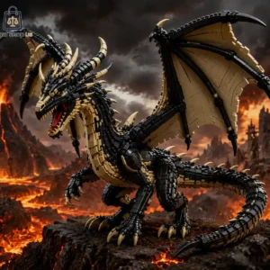 Intricate black and gold plastic building brick dragon statue in a volcanic landscape