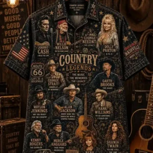 Short-sleeve button-up shirt featuring portraits and names of famous country music icons.