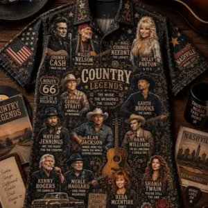 Country music legends themed button-down shirt with portraits of iconic singers.
