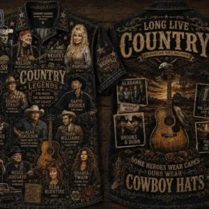 Front and back view of a Country Legends collage short-sleeve shirt featuring famous musicians.