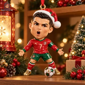 Cristiano Ronaldo Christmas ornament wearing a Santa hat and Portugal kit with a festive soccer ball