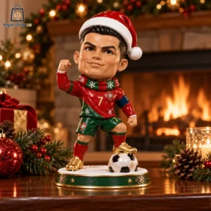 Cristiano Ronaldo Christmas themed collectible figure on a fireplace mantel