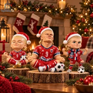 Erling Haaland Christmas 2026 Ornament Three Erling Haaland figurines wearing Santa hats and Norway football kits