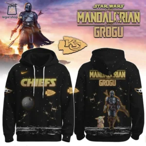 Black Kansas City Chiefs hoodie featuring Star Wars The Mandalorian and Grogu graphics
