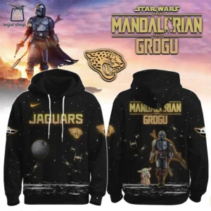Front and back views of a black hoodie featuring Star Wars Mandalorian and Grogu graphics with Jacksonville Jaguars branding.