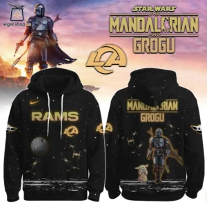 Star Wars The Mandalorian and Los Angeles Rams crossover black hoodie front and back view.