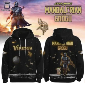 Black hoodie featuring Star Wars The Mandalorian and Minnesota Vikings graphics.