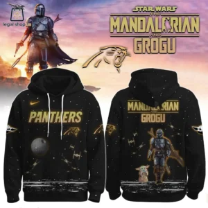 Front and back view of a black Star Wars Mandalorian and Carolina Panthers crossover hoodie.